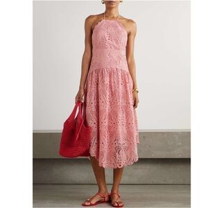 FARM Rio Blush Pink Palm Tree Eyelet Midi Dress Size Small NWT